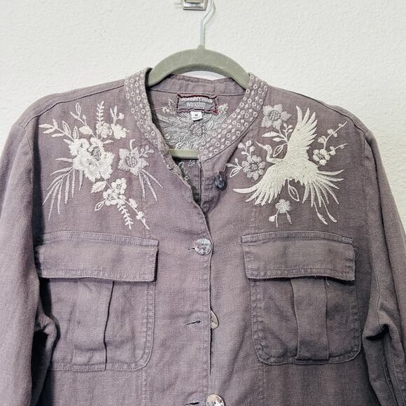 Johnny Was Workshop Oleander Linen Jacket Grey Safari Embroidered Women Medium - Picture 5 of 16